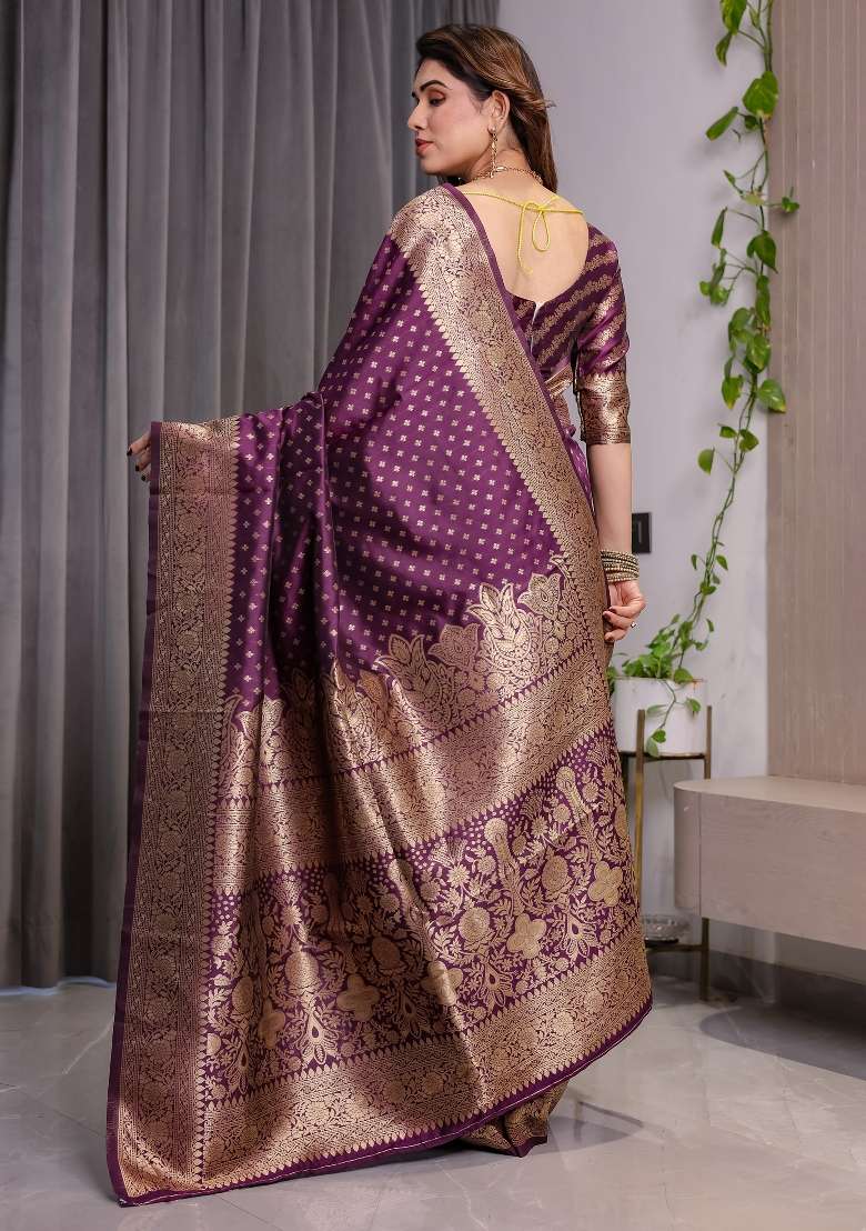 Wine Zari Work Silk Saree Set - Indya