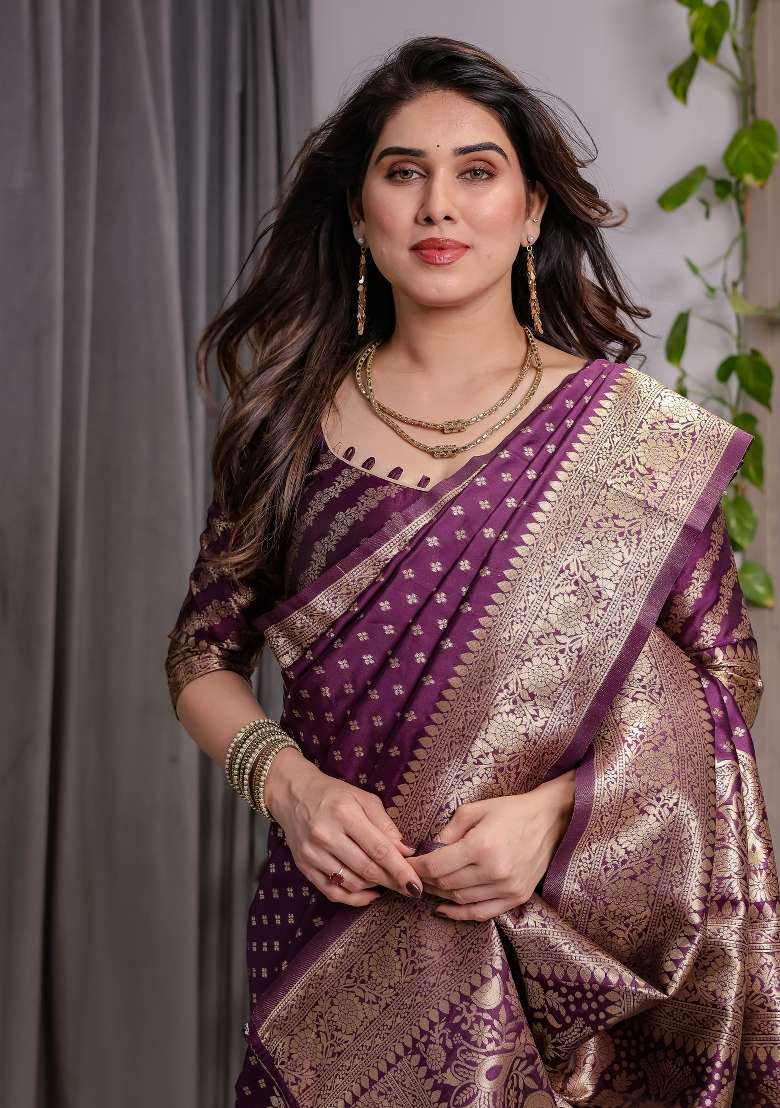 Wine Zari Work Silk Saree Set - Indya
