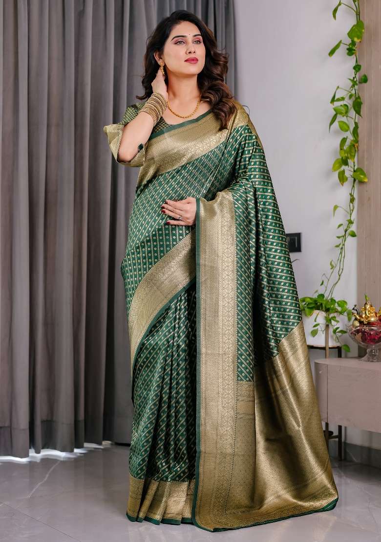 Green Zari Work Silk Saree Set - Indya