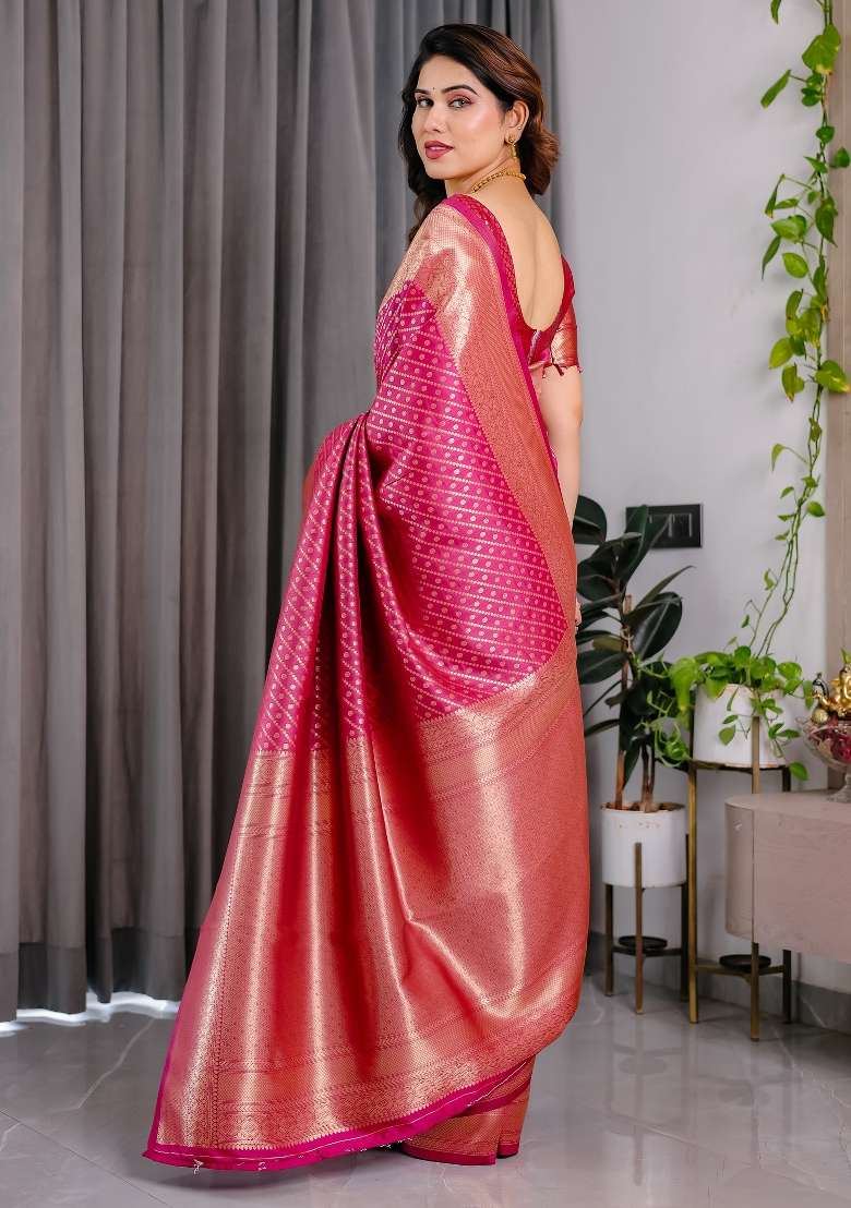 Pink Zari Work Silk Saree Set - Indya