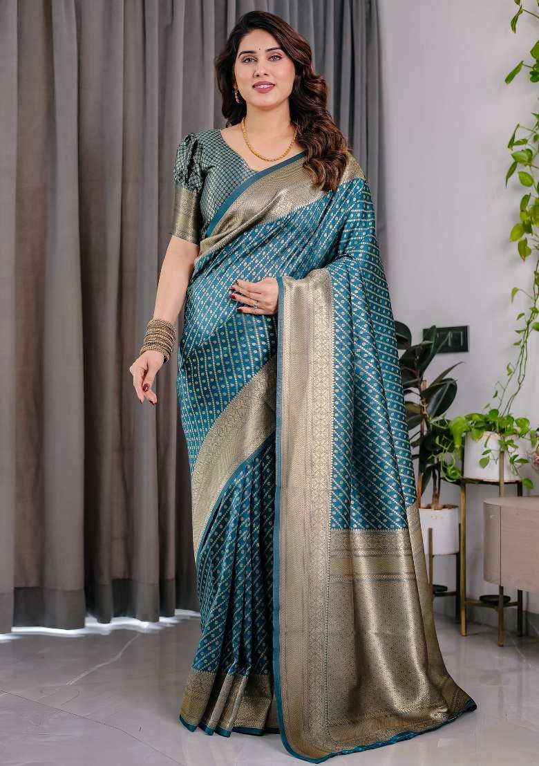 Teal Blue Zari Work Silk Saree Set - Indya
