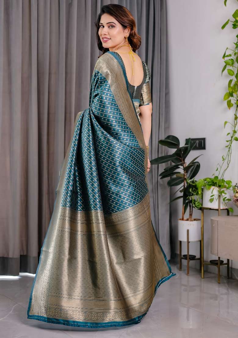 Teal Blue Zari Work Silk Saree Set - Indya