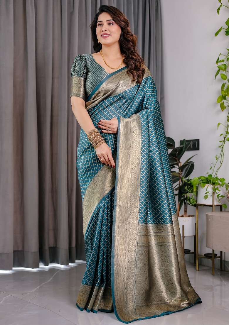 Teal Blue Zari Work Silk Saree Set - Indya