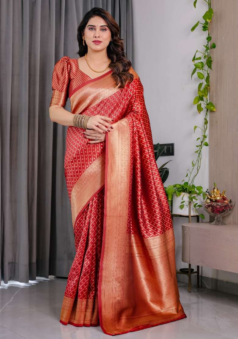 Red Zari Work Silk Saree Set - Indya