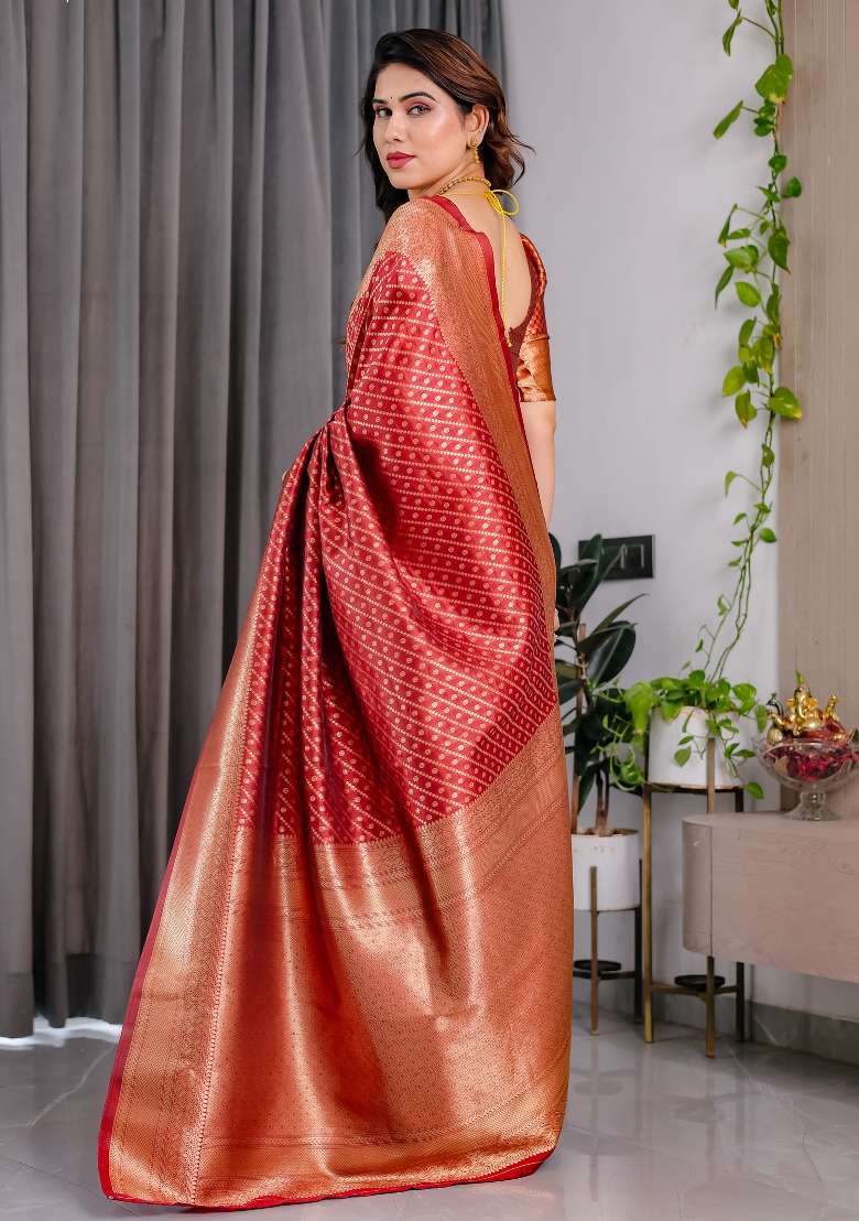 Red Zari Work Silk Saree Set - Indya