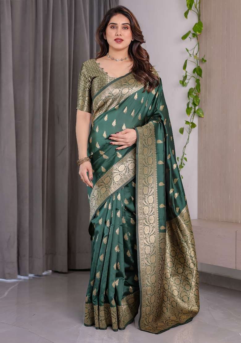 Green Zari Work Silk Saree Set - Indya