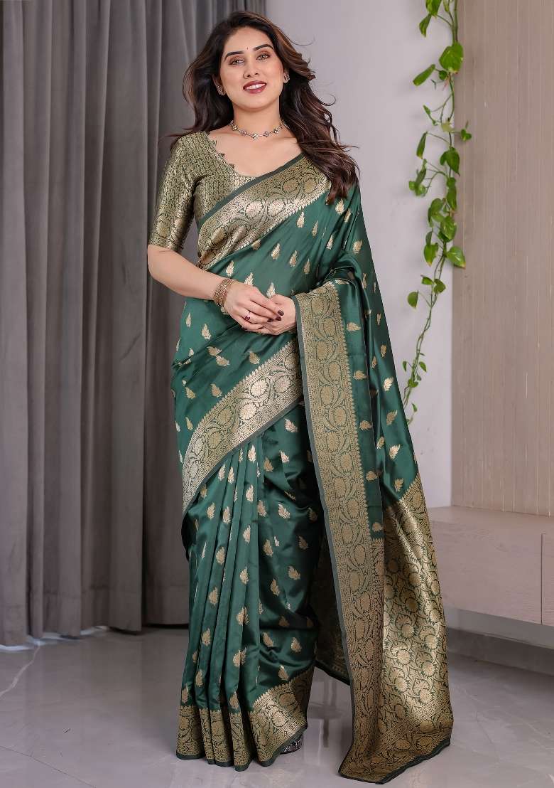 Green Zari Work Silk Saree Set - Indya