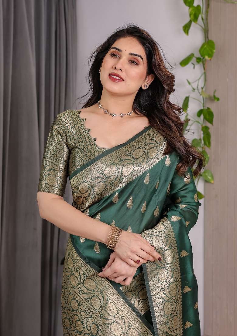 Green Zari Work Silk Saree Set - Indya