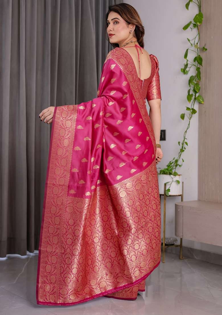 Pink Zari Work Silk Saree Set - Indya