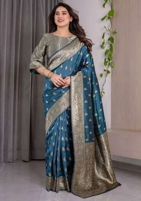 Teal Blue Zari Work Silk Saree Set