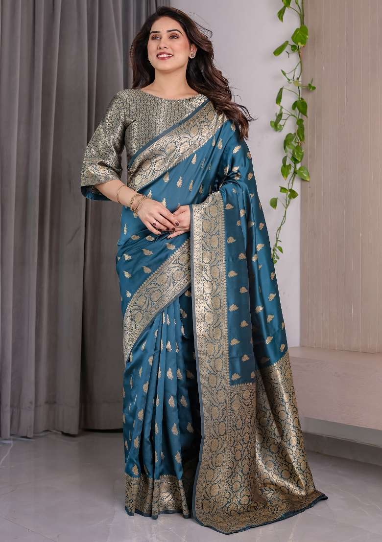 Teal Blue Zari Work Silk Saree Set - Indya