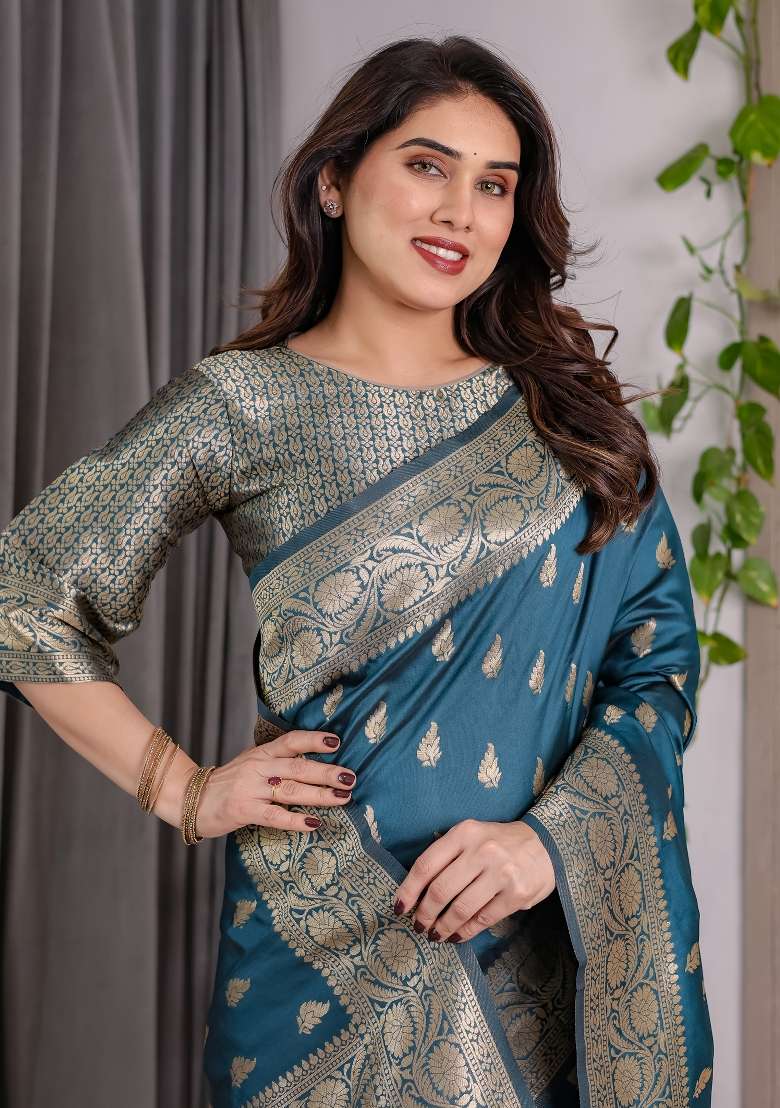 Teal Blue Zari Work Silk Saree Set - Indya