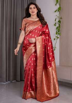 Red Zari Work Silk Saree Set