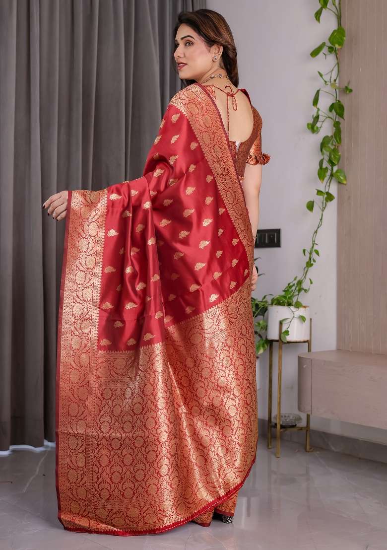 Red Zari Work Silk Saree Set - Indya