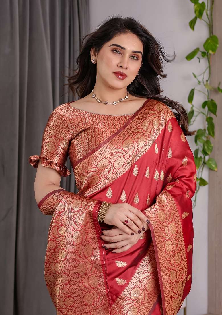 Red Zari Work Silk Saree Set - Indya