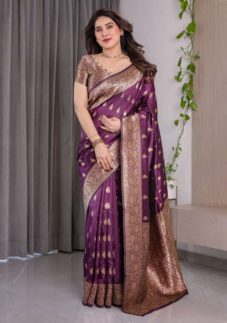 Wine Zari Work Silk Saree Set - Indya
