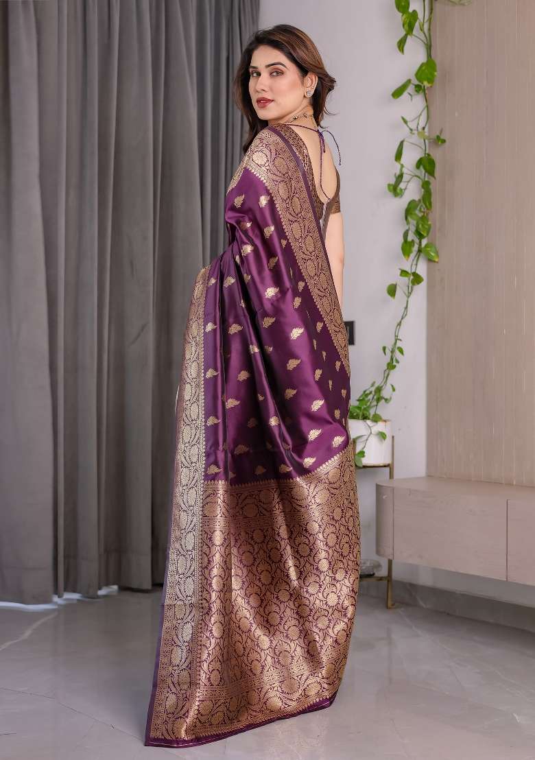 Wine Zari Work Silk Saree Set - Indya