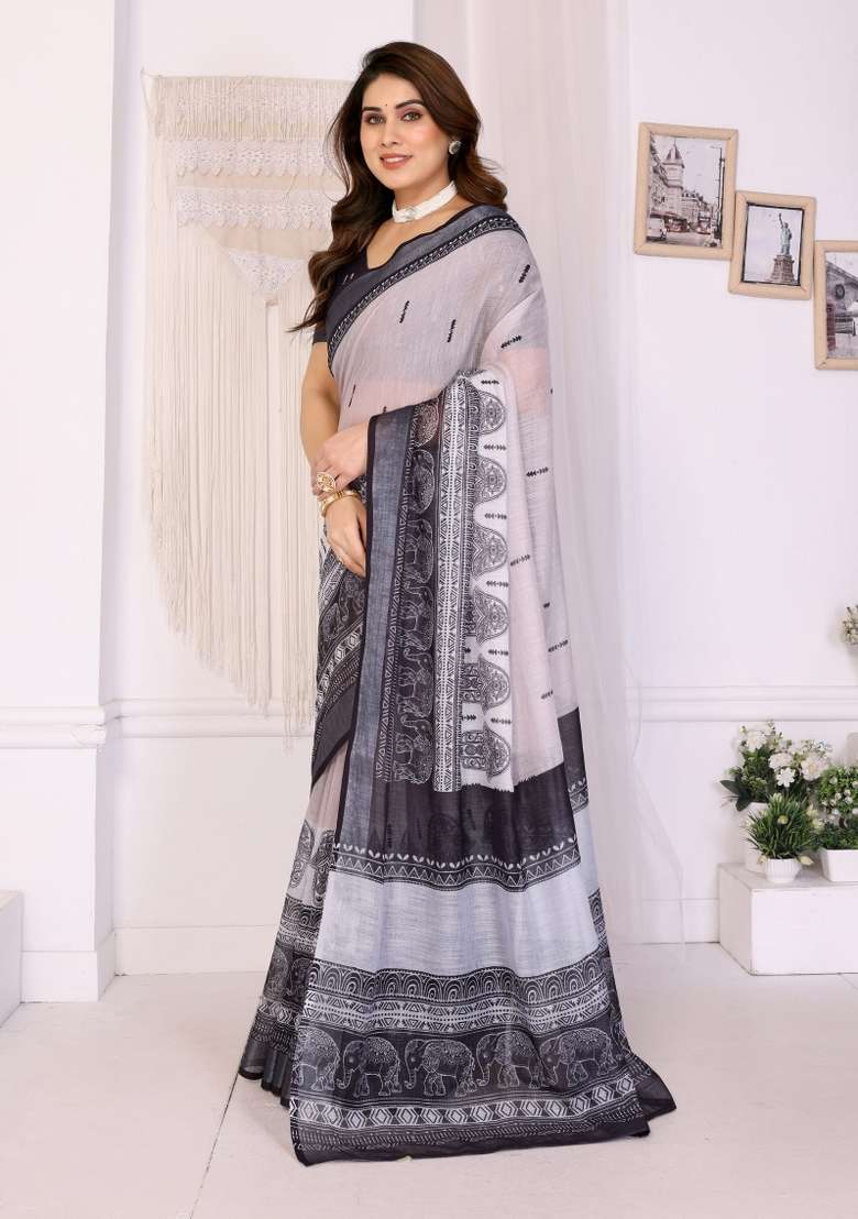 White And Black Printed Cotton Saree Set - Indya