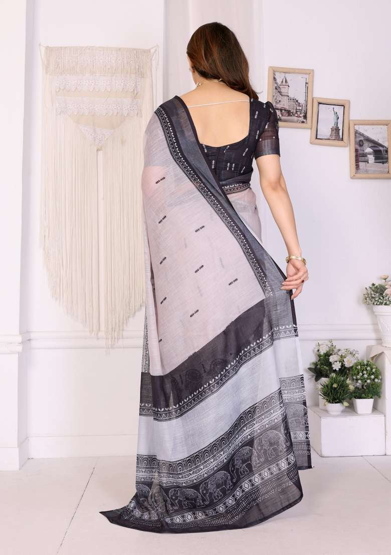 White And Black Printed Cotton Saree Set - Indya