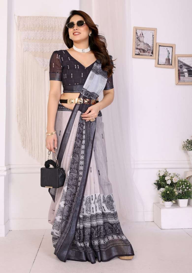 White And Black Printed Cotton Saree Set - Indya