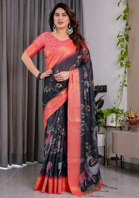 Charcoal Black And Coral Pink Printed Linen Saree Set