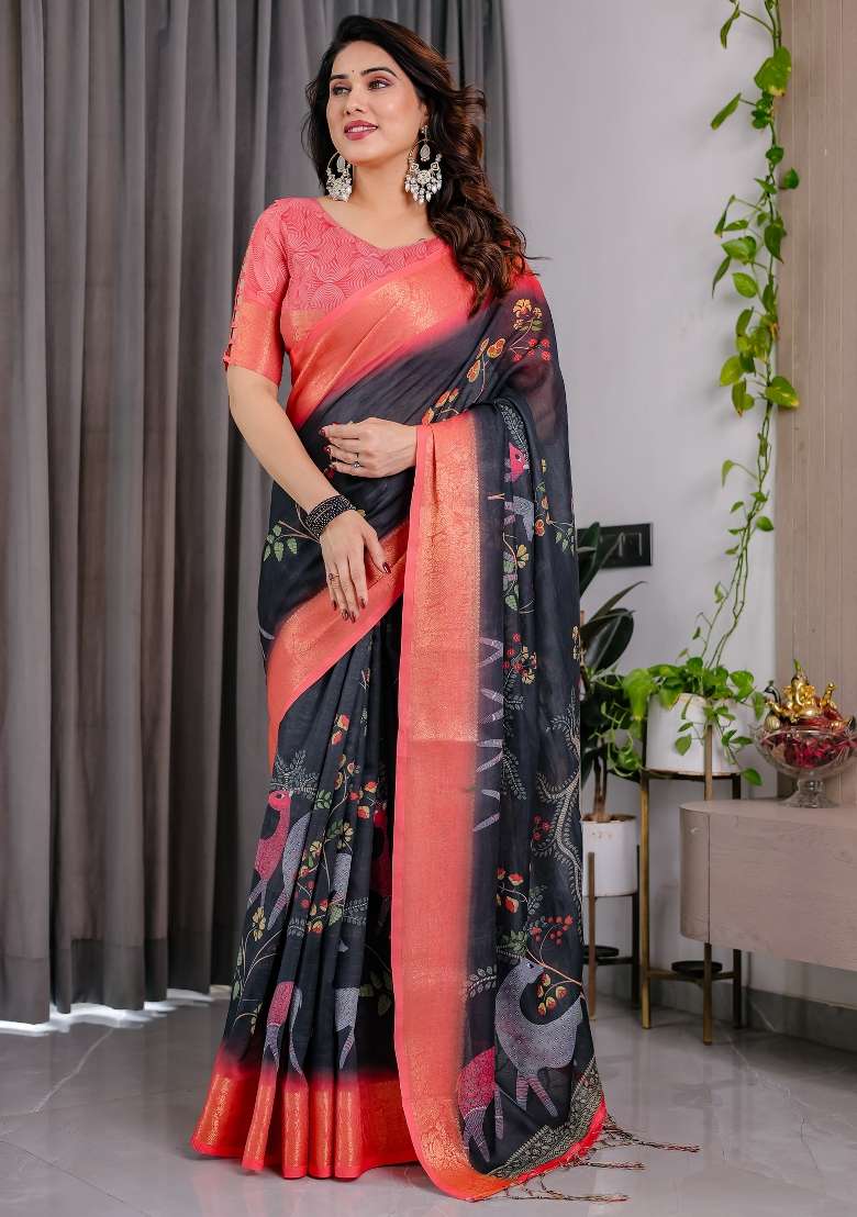 Charcoal Black And Coral Pink Printed Linen Saree Set - Indya