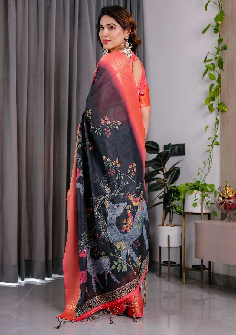 Charcoal Black And Coral Pink Printed Linen Saree Set - Indya