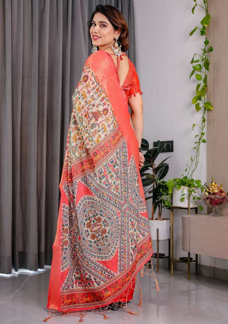 Cream And Coral Orange Printed Linen Saree Set - Indya