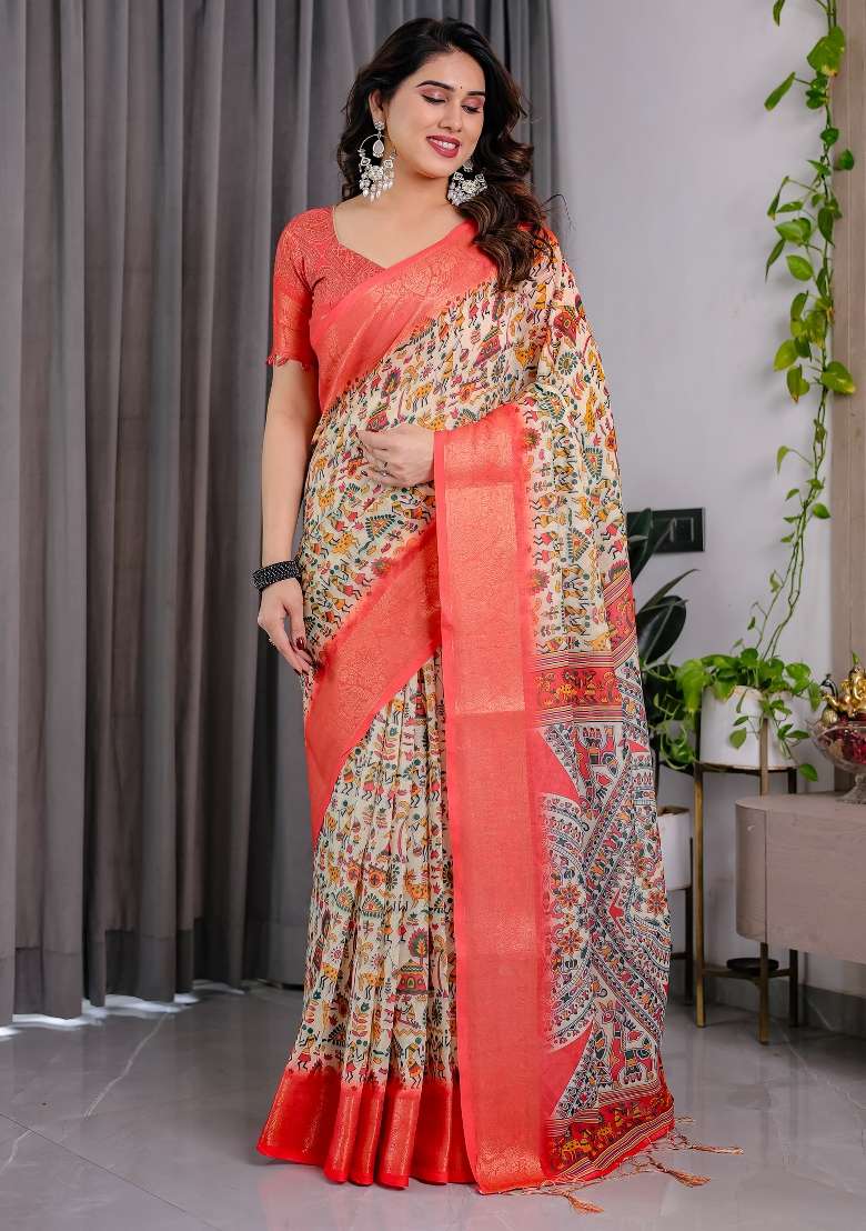 Cream And Coral Orange Printed Linen Saree Set - Indya
