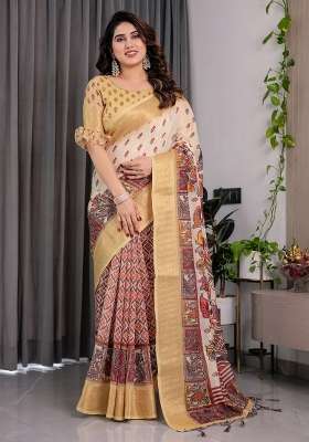 Cream And Goldan Beige Printed Linen Saree Set