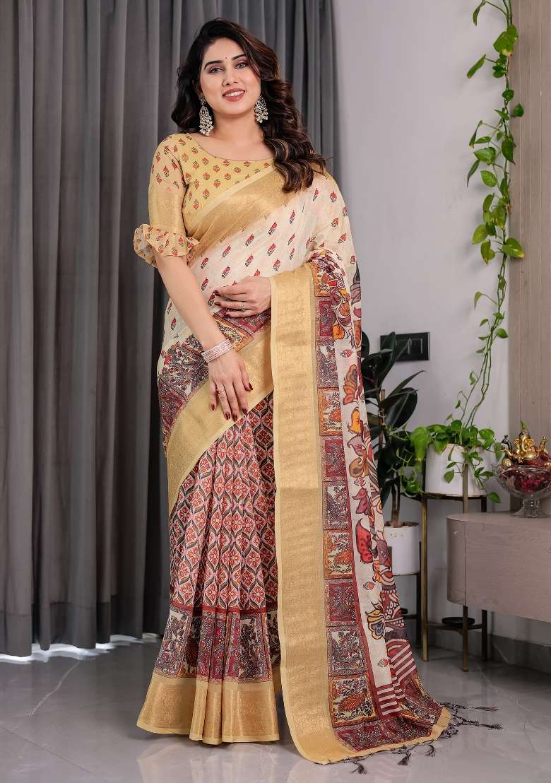 Cream And Goldan Beige Printed Linen Saree Set - Indya