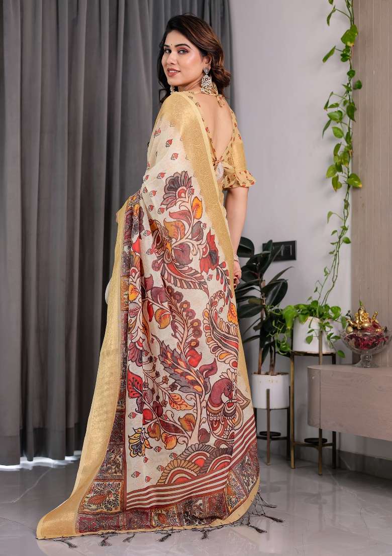 Cream And Goldan Beige Printed Linen Saree Set - Indya