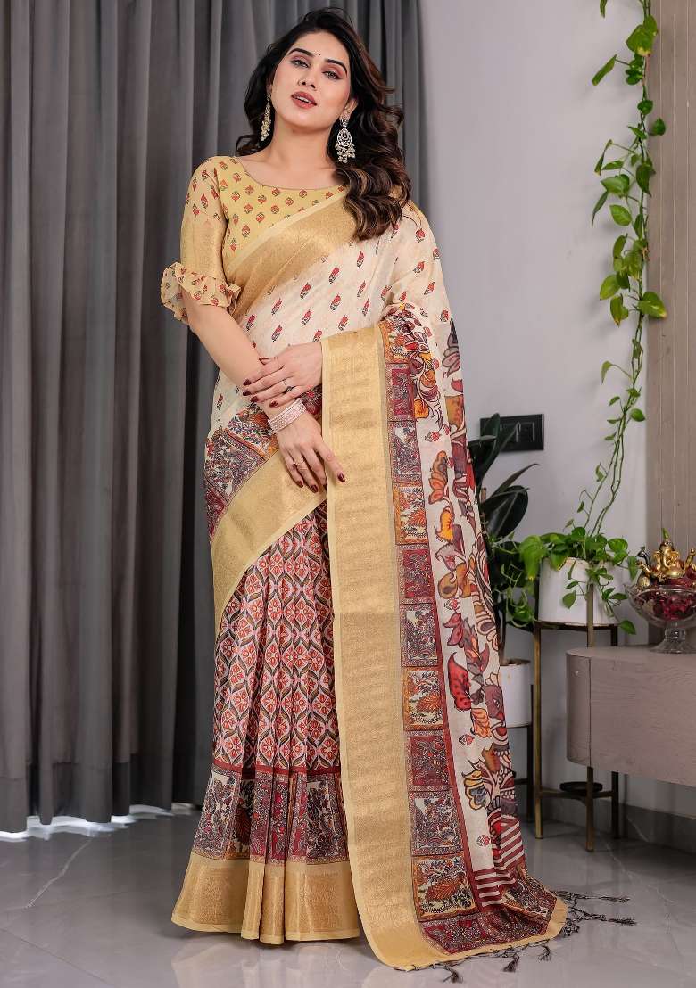 Cream And Goldan Beige Printed Linen Saree Set - Indya