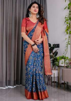 Ruyal Blue And Copper Orange Printed Linen Saree Set