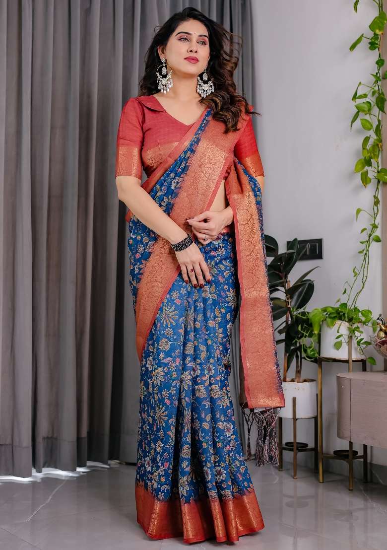 Ruyal Blue And Copper Orange Printed Linen Saree Set - Indya
