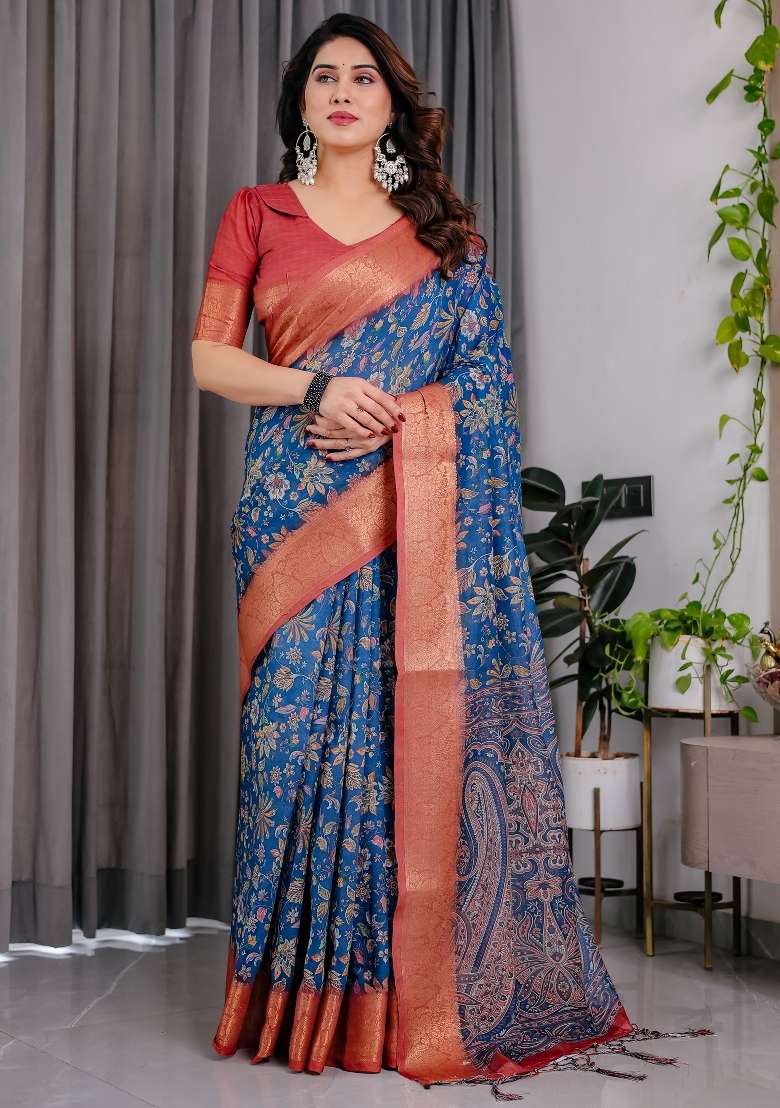 Ruyal Blue And Copper Orange Printed Linen Saree Set - Indya