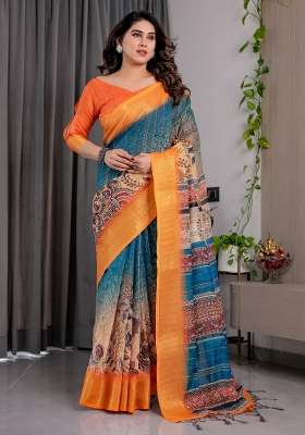 Teal Blue And Mustard Yellow Printed Linen Saree Set