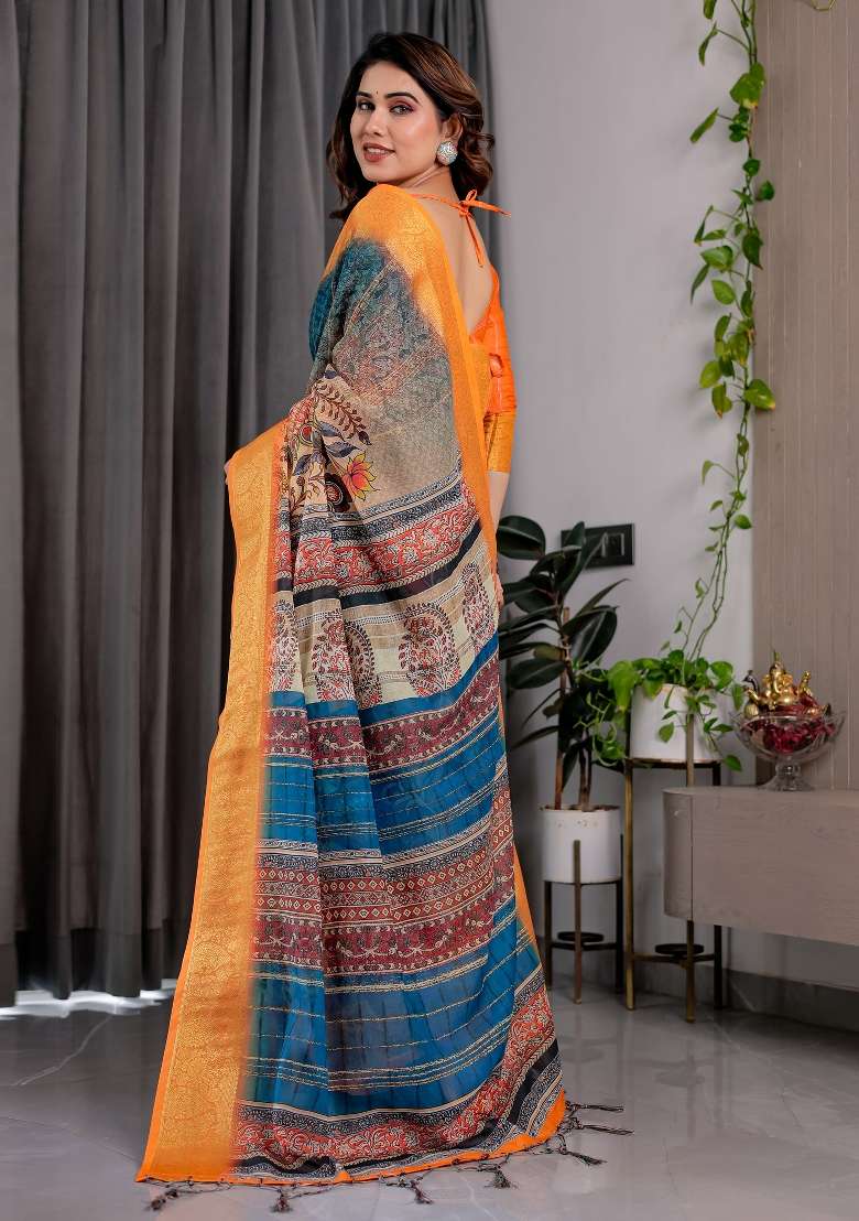 Teal Blue And Mustard Yellow Printed Linen Saree Set - Indya