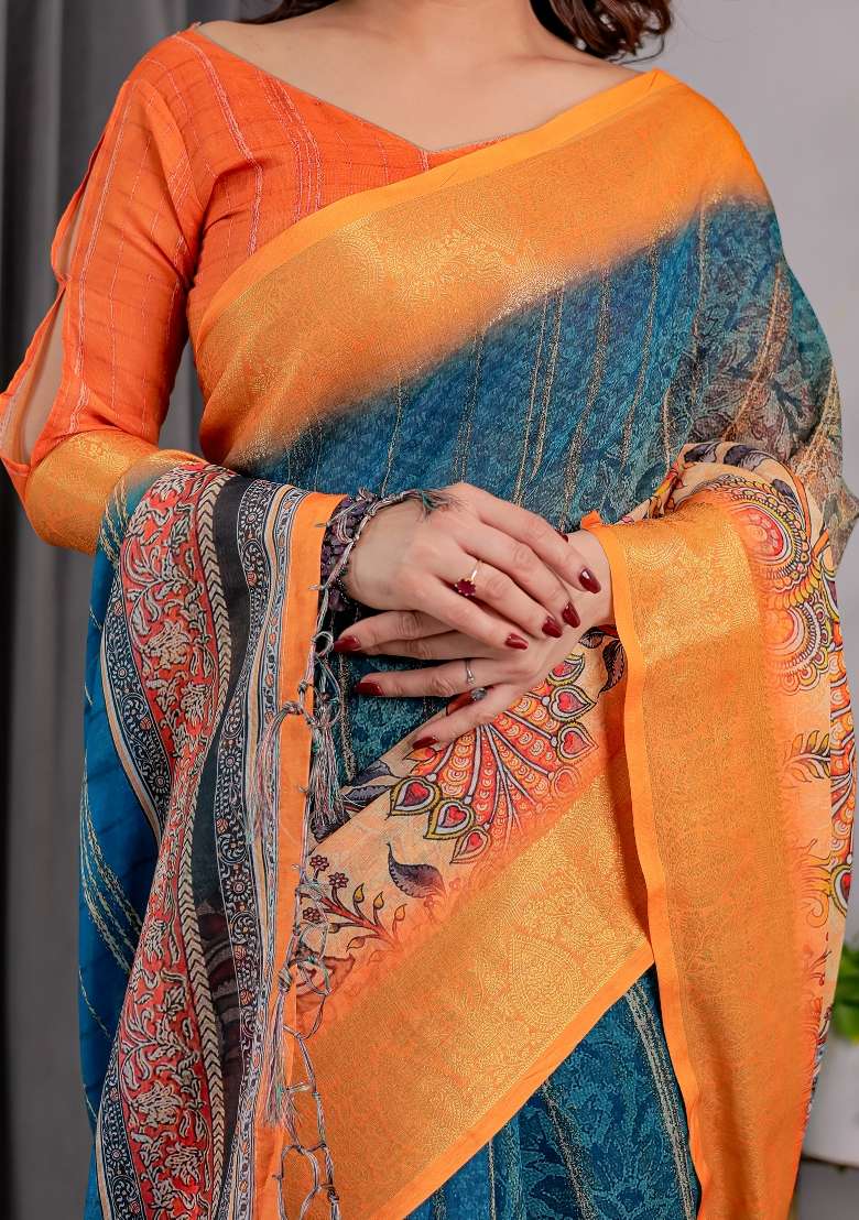 Teal Blue And Mustard Yellow Printed Linen Saree Set - Indya