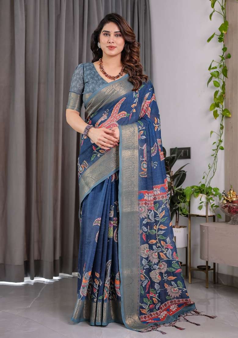 Blue Printed Linen Saree Set - Indya