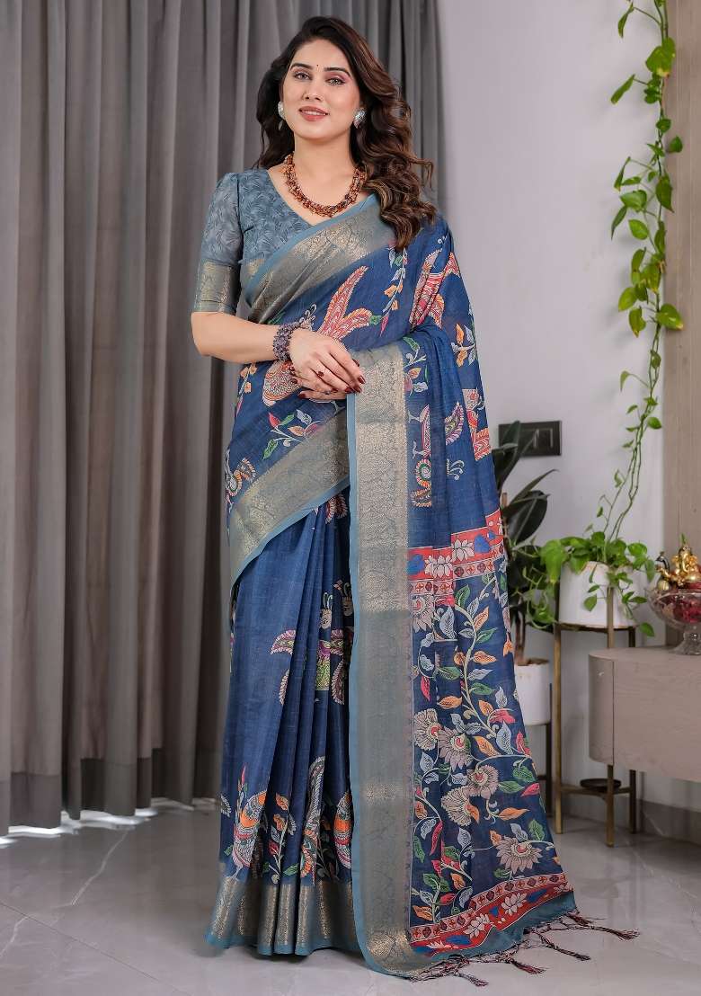 Blue Printed Linen Saree Set - Indya