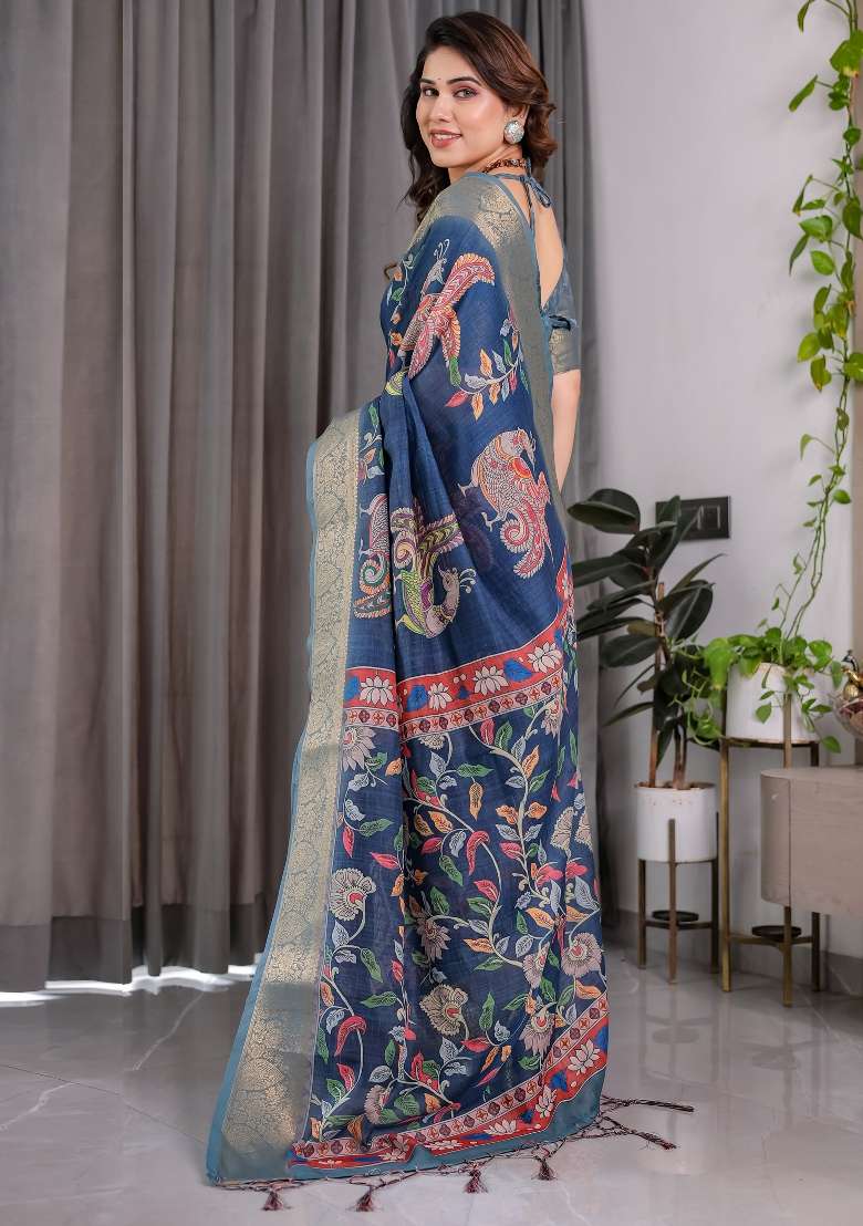 Blue Printed Linen Saree Set - Indya