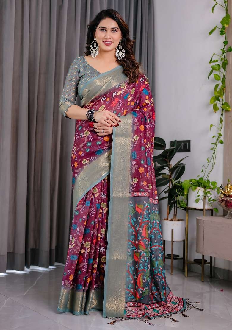 Pulm Purple And Greyish Blue Printed Linen Saree Set - Indya