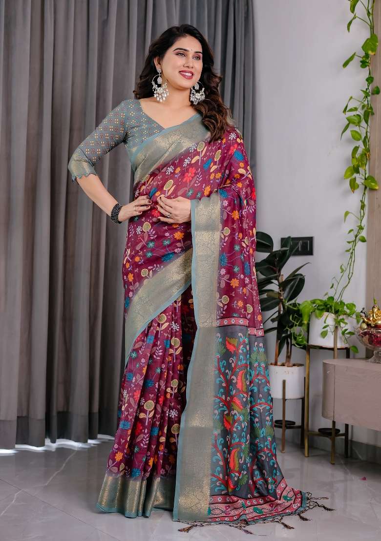Pulm Purple And Greyish Blue Printed Linen Saree Set - Indya