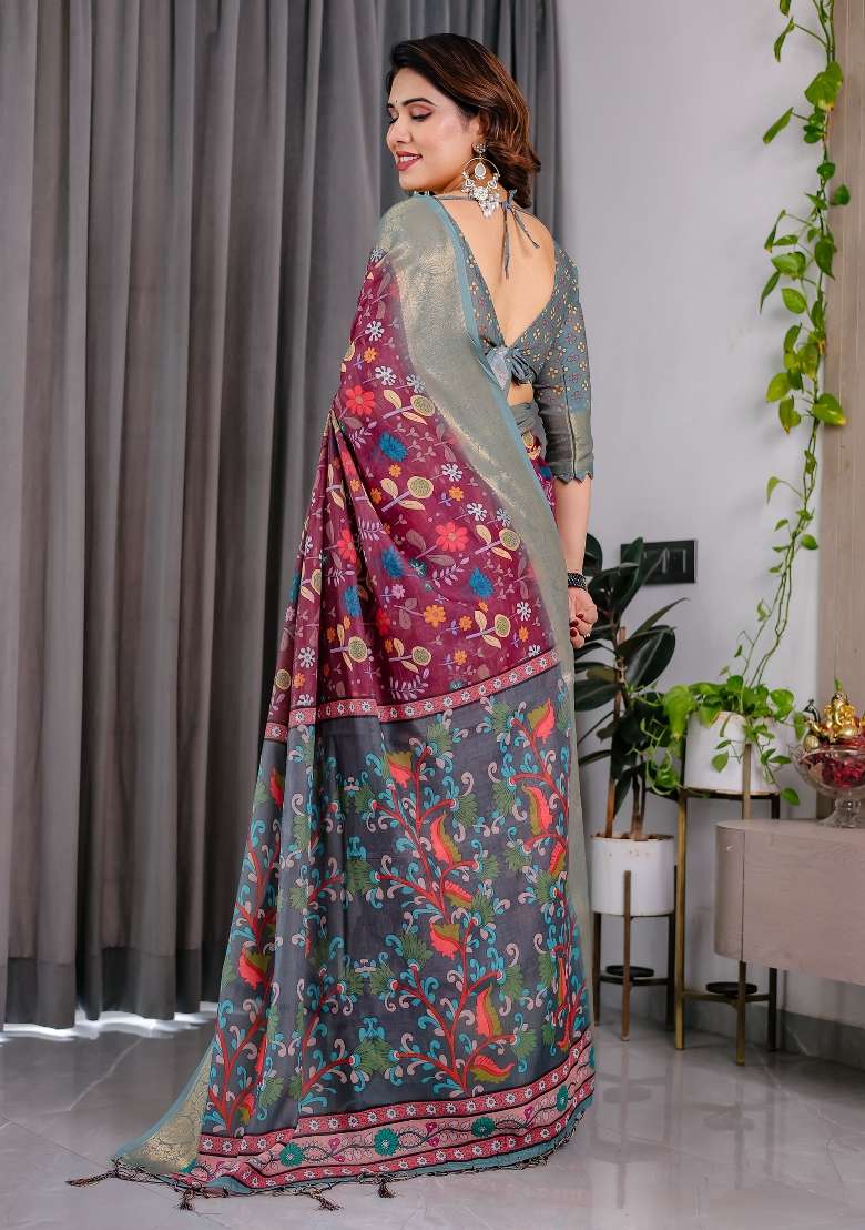 Pulm Purple And Greyish Blue Printed Linen Saree Set - Indya