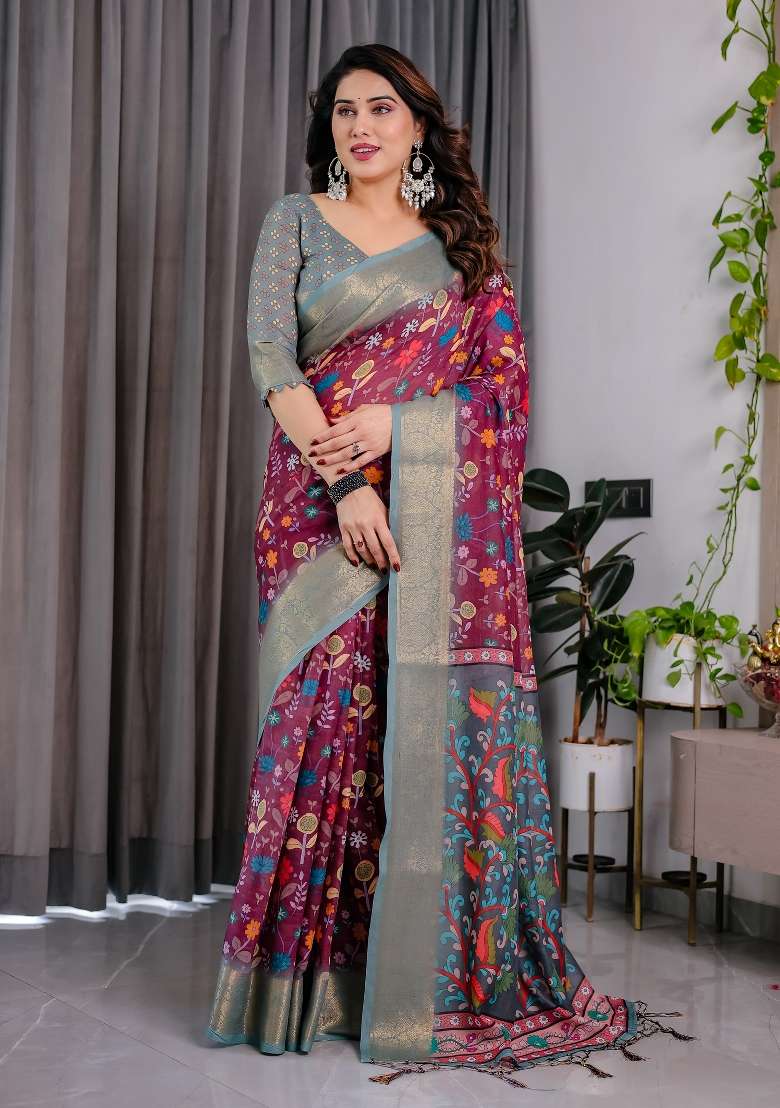 Pulm Purple And Greyish Blue Printed Linen Saree Set - Indya