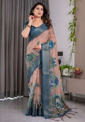 Dusty Pink And Peacock Blue Printed Linen Saree Set