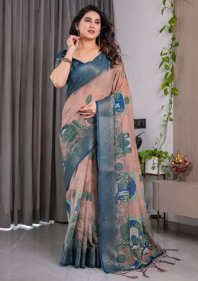 Dusty Pink And Peacock Blue Printed Linen Saree Set - Indya