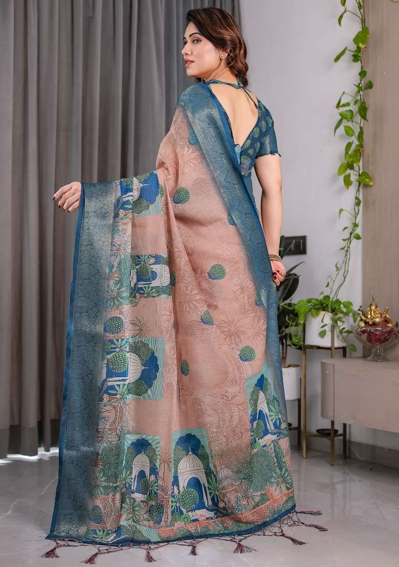 Dusty Pink And Peacock Blue Printed Linen Saree Set - Indya