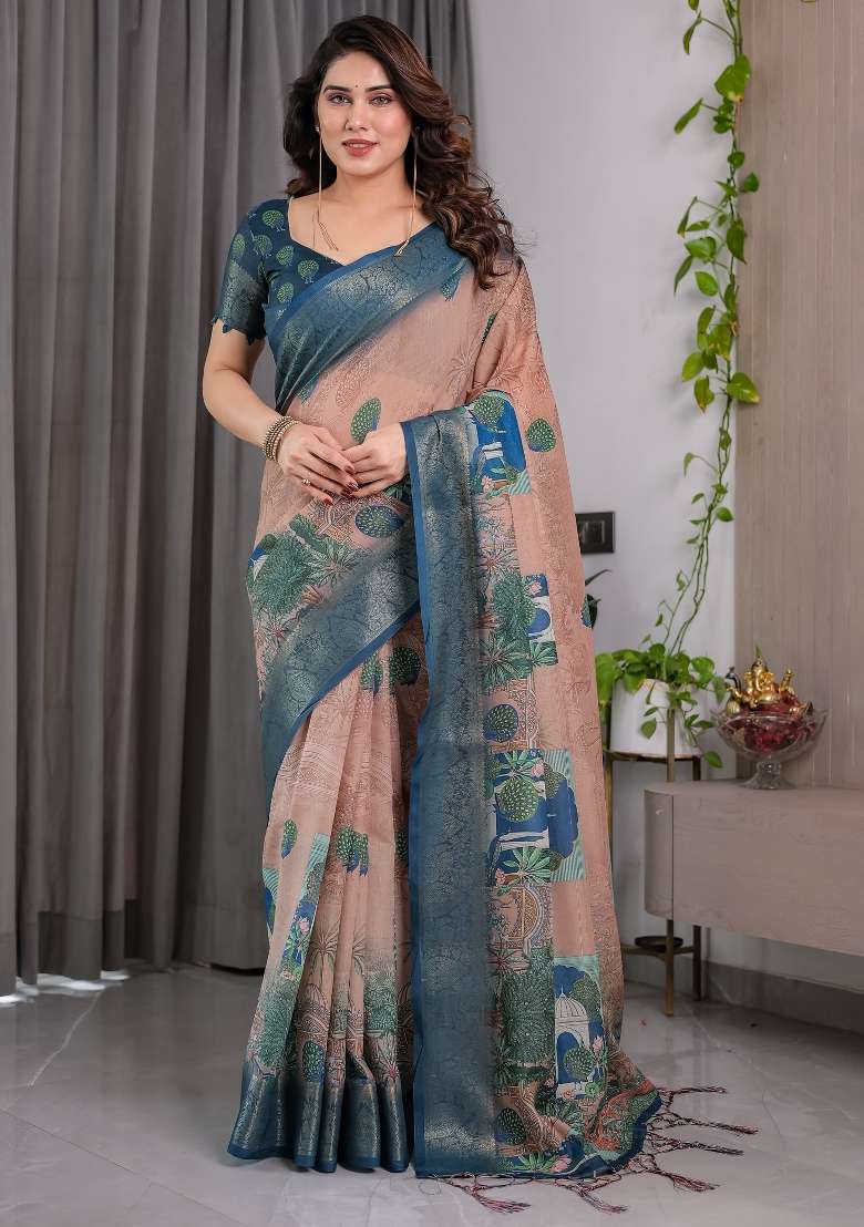 Dusty Pink And Peacock Blue Printed Linen Saree Set - Indya